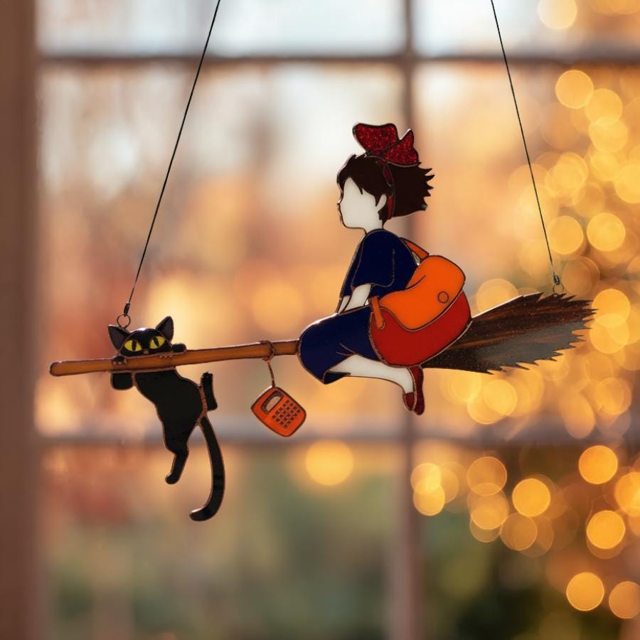 Whimsical Flight on a Broom Through Sunlit Panes