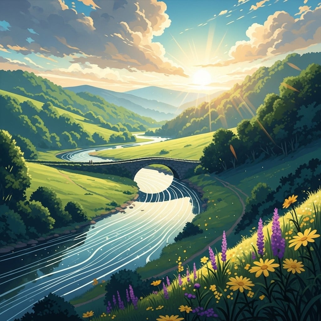Sunlit River Path Through the Hills
