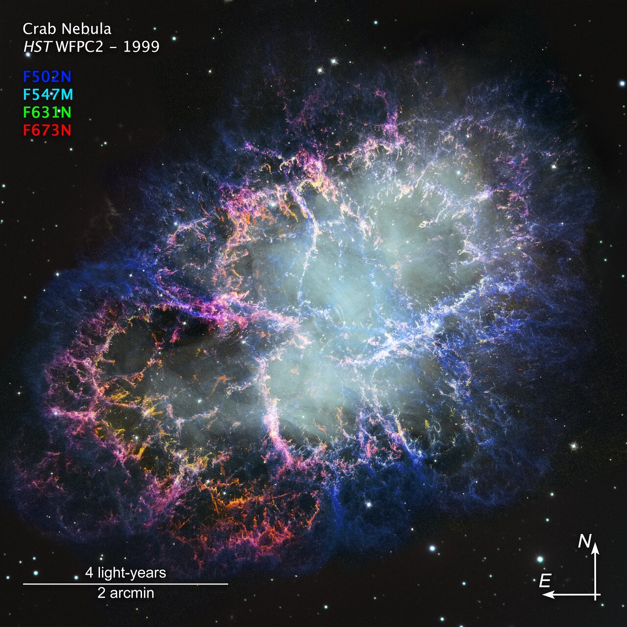 Crab Nebula (new image from 1999/2000 data, annotated)