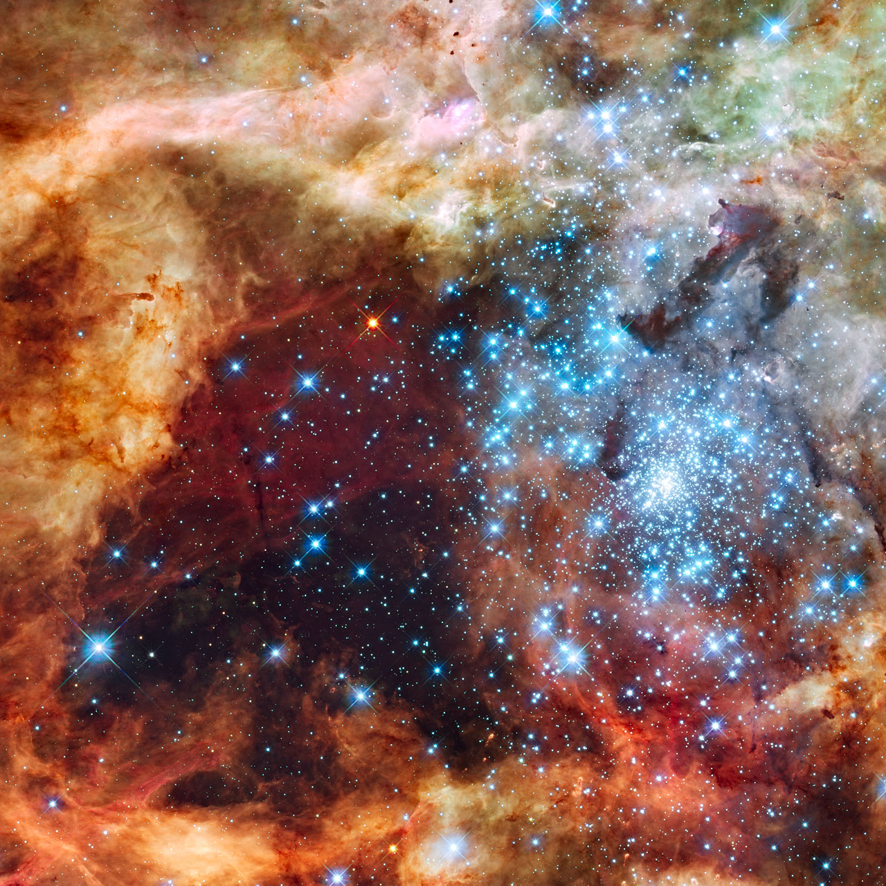30 Doradus in Ultraviolet, Visible, and Red Light