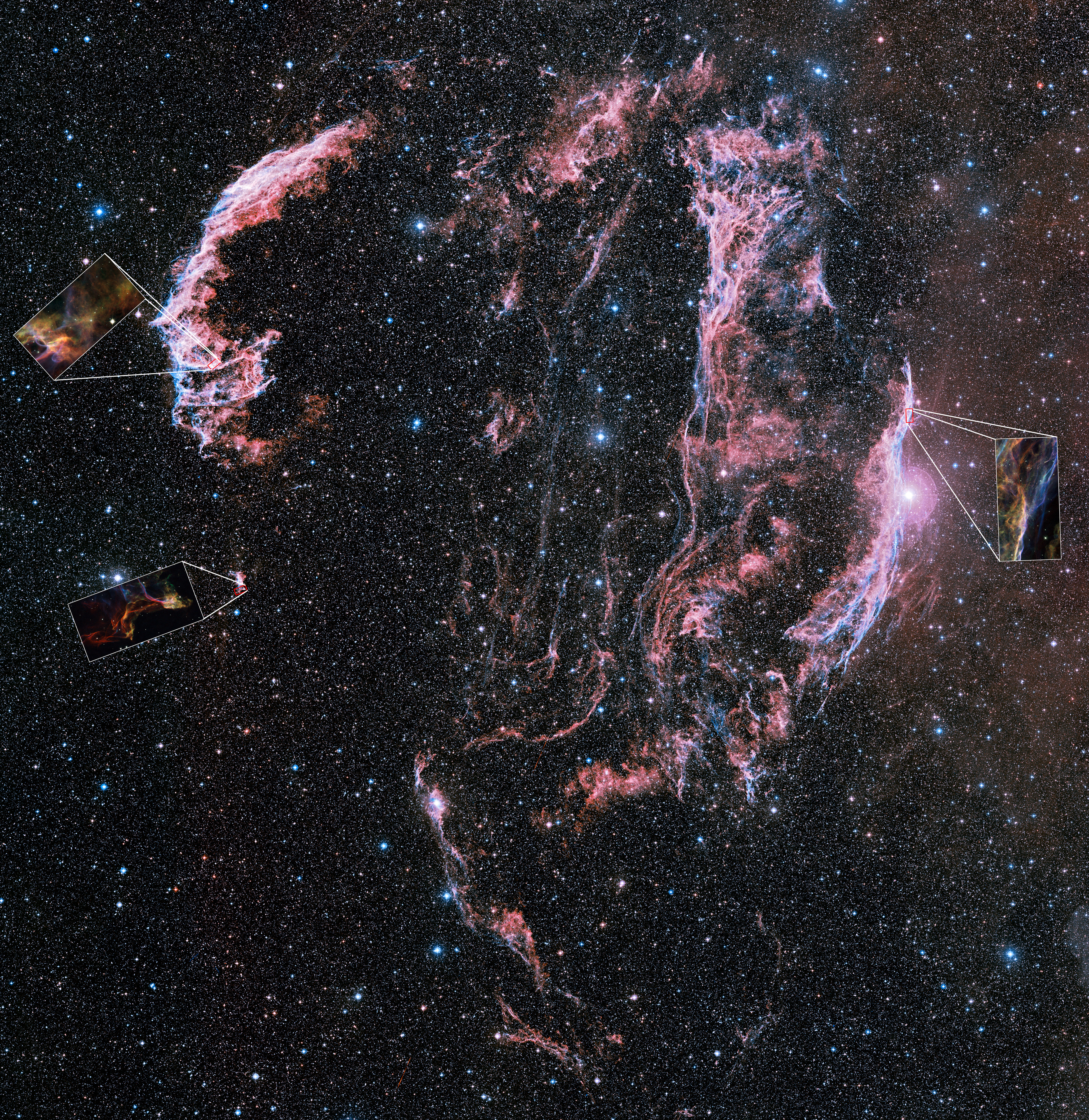 Wide-field ground-based astrophoto of the Veil Nebula, annotated