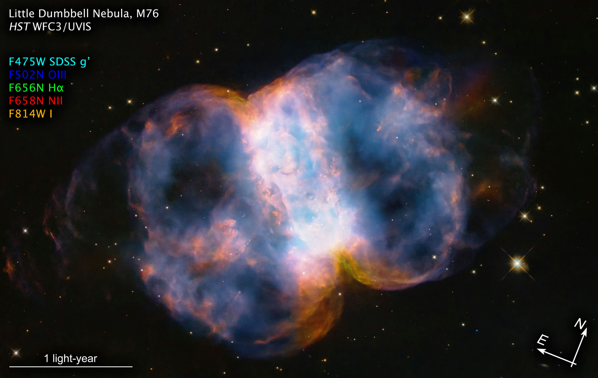 Little Dumbbell Nebula (M76, annotated)