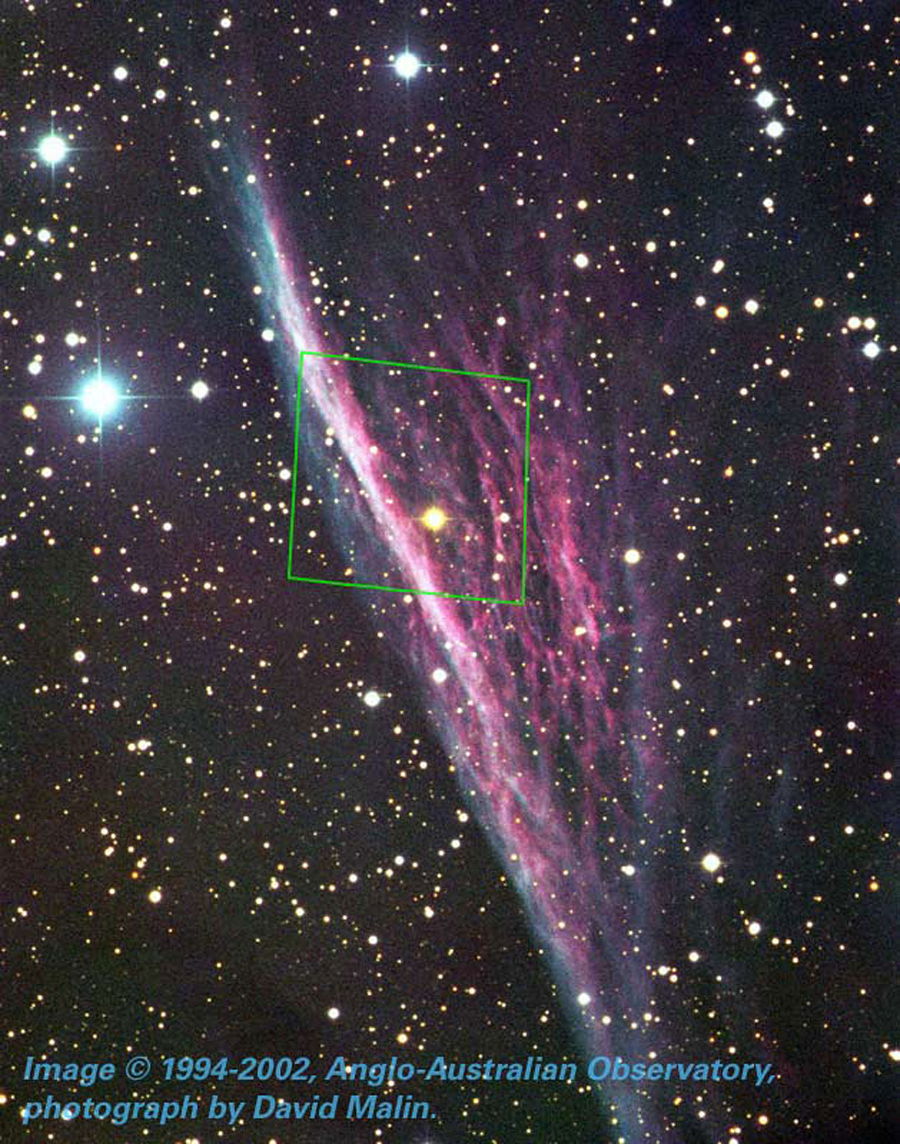 AAO ground-based image of Pencil Nebula with outline of ACS field