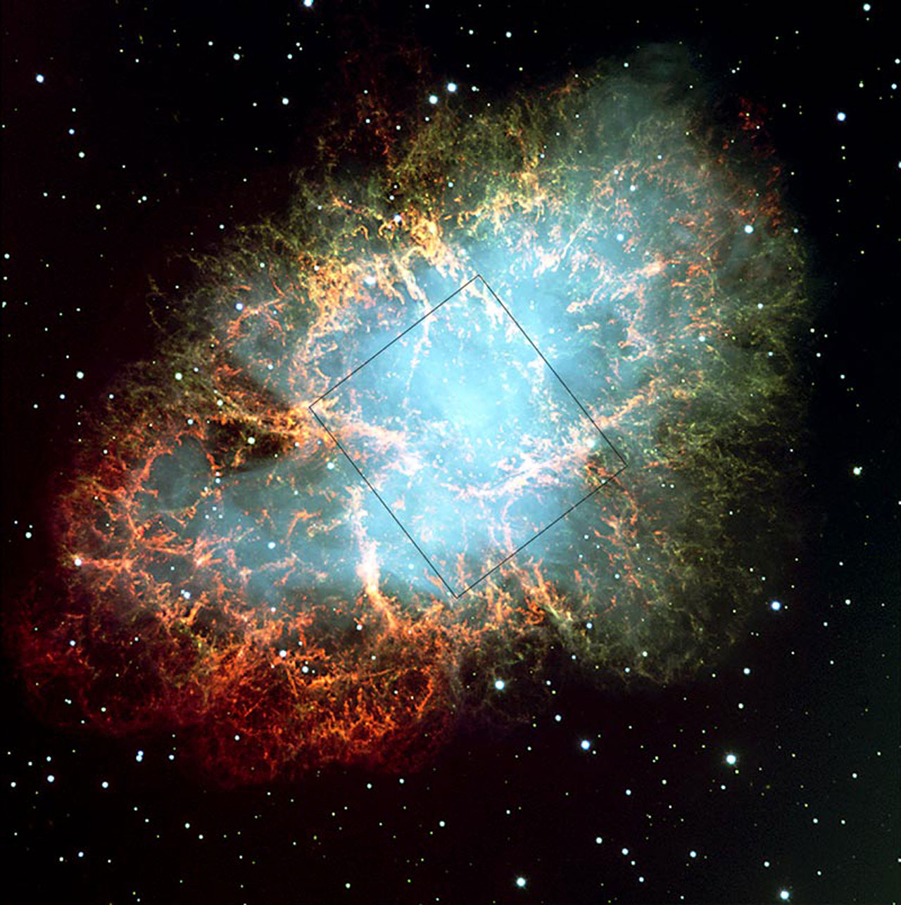 Crab nebula: VLT field, HST image outlined