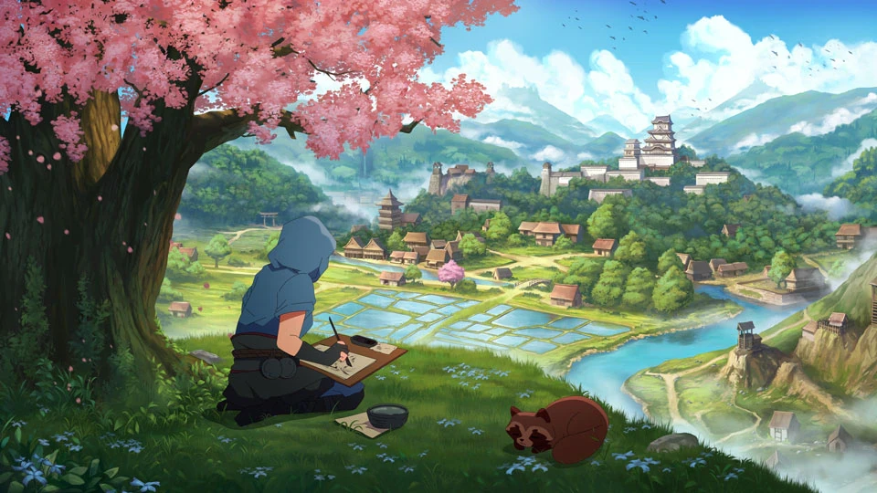 Serene Sketcher Amidst Cherry Blossoms and Ancient Landscapes